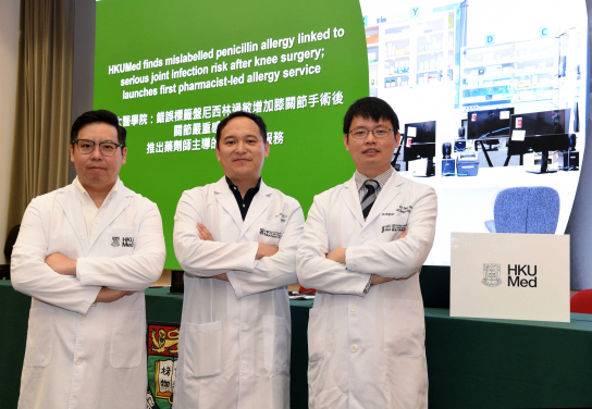 Researchers from HKUMed have uncovered a serious risk of joint infection following knee surgery, linked to allergy mislabelling. In response, HKUMed has launched a new research-focused pharmacist-led penicillin allergy assessment pilot service. Pictured from right are the research team members: Dr Henry Fu Chun-him, Dr Philip Li Hei and  Dr Steve Cheung Man-hong.