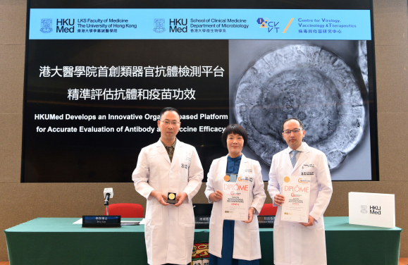 HKUMed researchers develop the world’s first organoid-based platform to evaluate the therapeutic potential of neutralising antibodies in the human body, providing more reliable scientific evidence for clinical treatment. The research team includes (from right): Professor Kelvin To Kai-wang, Professor Jane Zhou Jie and Dr Li Cun.