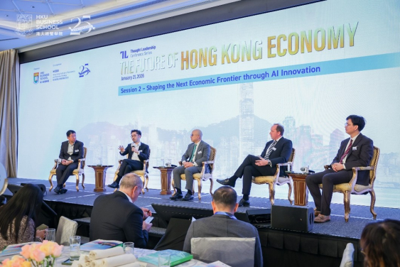 (From left) Prof. Jin Li, Director of the HKU Centre for AI, Management and Organization; Zhang Yonghong Professor in Economics and Strategy of HKU Business School; Mr. Pascal Hua, National Managing Partner, Technology and Transformation, Deloitte China Consulting; Mr. Leo Liu, General Manager of Microsoft Hong Kong and Macau; Dr. Juergen Rahmel, Director, AI Research of HSBC; Lecturer of School of Computing and Data Science, HKU, and Mr. Franklin Wang, Vice President of Linklogis, discussing at the panel titled “Shaping the Next Economic Frontier through AI Innovation”.