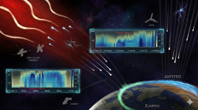 Comparative schematic of auroral acceleration processes on Earth and Jupiter. The electron spectrum for the Earth was from DMSP F19 spacecraft, and the one for Jupiter was from Juno spacecraft. Both spectra exhibit a similar inverted V-shaped structure, indicating the presence of stable electric potential drops above the auroral regions. This similarity points to a common auroral acceleration mechanism across planets and illustrates how insights from planetary aurorae help interpret high-resolution observations near Earth. Image credit: S. Tian and Z. Yao