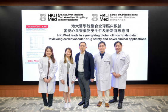 HKUMed evaluates the safety profile and therapeutic potential of GLP-1 receptor agonists by analysing global clinical trial data comprising more than 80,000 patients with diabetes and heart disease. The research is led by Dr Will Chan Yap-hang (second right) and Professor Tse Hung-fat (middle).
 